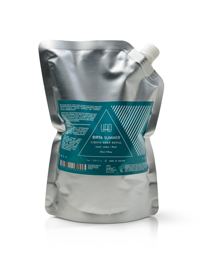 BIRTA SUMMER SOAP REFILL POUCHSES MADE FROM NATURAL OILS WHICH LEAVE THE SKIN FEELING SOFT AND NOURISHED. THE SOAP IS MADE FROM GREATER THAN 97% NATURALLY DERIVED MATERIALS. 