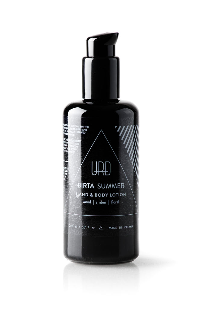 Birta Summer Hand & Body lotion conditions, moisturises  and absorbs into the skin. Made from 99% naturally derived materials and contains seasonally inspired scents.